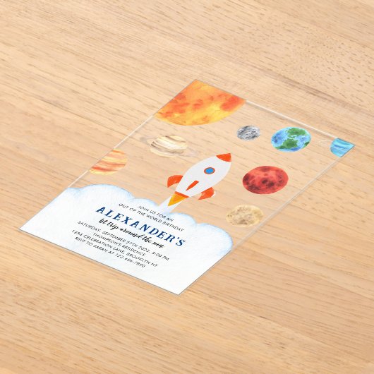 Moderne Galaxy Planets Space Rocket Kids Verjaarda Acryl Uitnodigingen (Laagn)