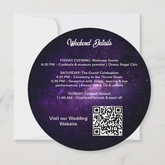 Moderne Galaxy QR-code Full Moon Wedding Kaart (Achterkant)
