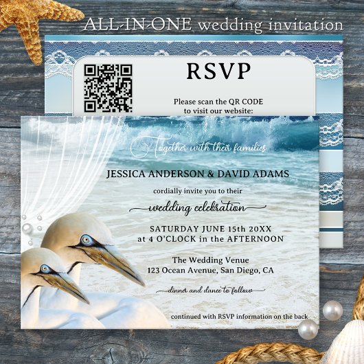 Moderne Gannets All-in-One Beach Wedding Kaart
