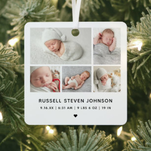 Moderne geboorteaankondiging met 5 foto's metalen ornament