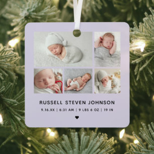 Moderne geboorteaankondiging met 5 foto's metalen ornament