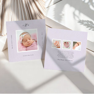 Moderne geboorteaankondiging met foto en monogram kaart