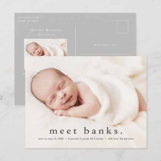Moderne geboortekaart met babyfoto en naam briefkaart (Voorkant / Achterkant)