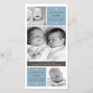 Moderne geboortekaart tweeling jongens foto baby a aankondiging