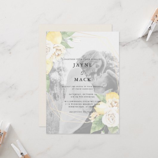 Moderne gedempte foto citroenen bruiloft kaart (Voorkant / Achterkant in situ)