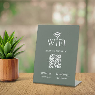 Moderne Gedempte Groene WiFi Netwerk Wachtwoord QR Reclamebord Met Voetstuk