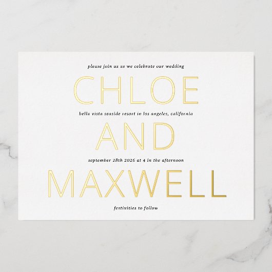 Moderne gedurfde namen Minimalistische bruiloft ui Folie Uitnodiging (Voorkant)