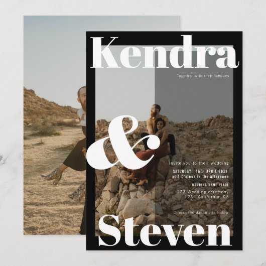 Moderne gedurfde namen zwarte witte foto bruiloft kaart (Voorkant / Achterkant)