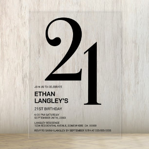 Moderne gedurfde zwarte tekst 21ste verjaardagsfee acryl uitnodigingen