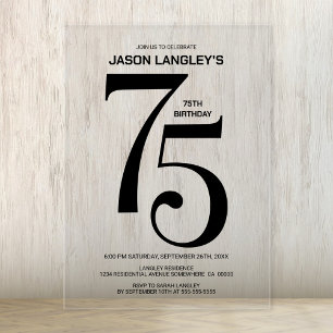 Moderne gedurfde zwarte tekst 75e verjaardagsfeest acryl uitnodigingen