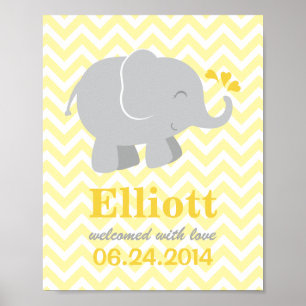 Moderne Geel en grijs Elephant Aangepast monogram Poster
