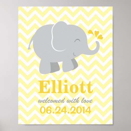 Moderne Geel en grijs Elephant Aangepast monogram Poster (Voorkant)