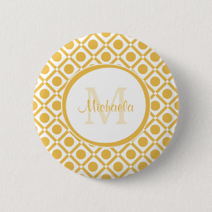 Moderne geel en witte geometrische monogrammatical ronde button 5,7 cm
