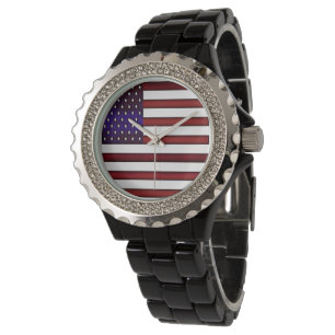 Moderne gegraveerde Amerikaanse vlag Horloge