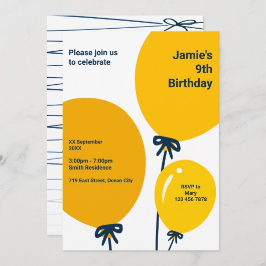 Moderne gele ballon 9e verjaardags uitnodigingskaa kaart (Voorkant / Achterkant)