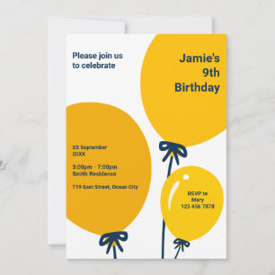 Moderne Gele Ballon 9th Birthday Invitation Kaart