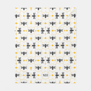 Moderne Gele Bij Patroon Elegante Zwarte Monogram Fleece Deken