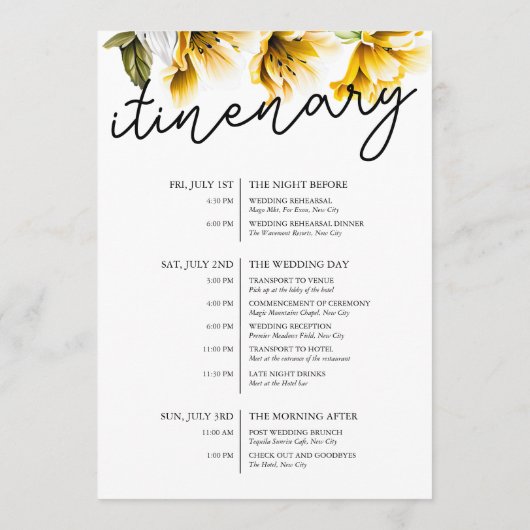 Moderne Gele Bloemen Wedding Weekend Route Programma (Achterkant)