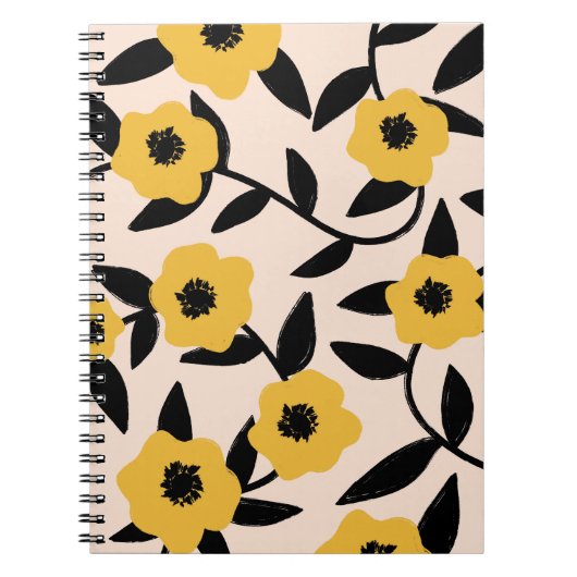 Moderne gele bloemen zwart blad patroon notitieboek (Voorkant)