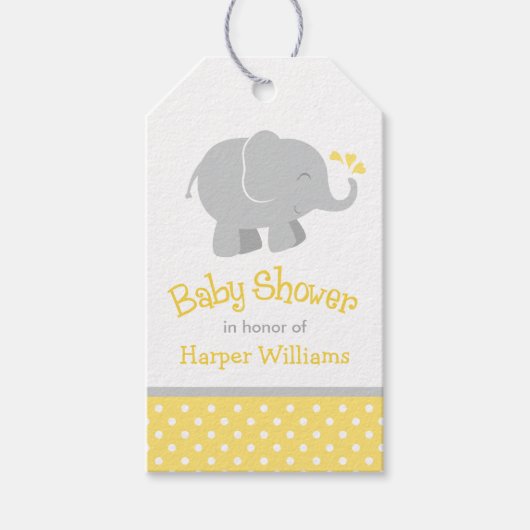 Moderne gele en grijze olifant Baby shower Cadeaulabel (Voorkant)