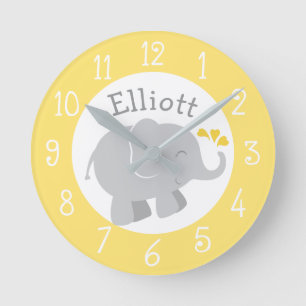 Moderne Gele en Grijze Olifant Babykamer Ronde Klok