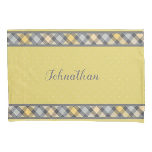 Moderne Gele en Grijze Polka Dot en Plaid Kussensloop (Voorkant)