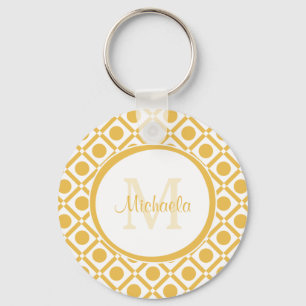 Moderne Gele en Witte Geometrische Monogramnaam Sleutelhanger