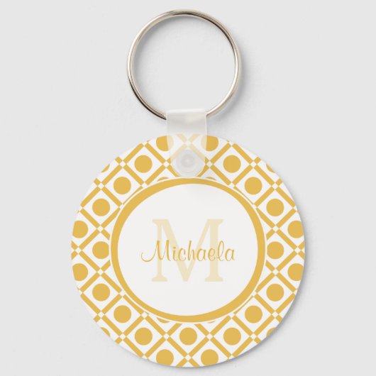 Moderne Gele en Witte Geometrische Monogramnaam Sleutelhanger (Voorkant)