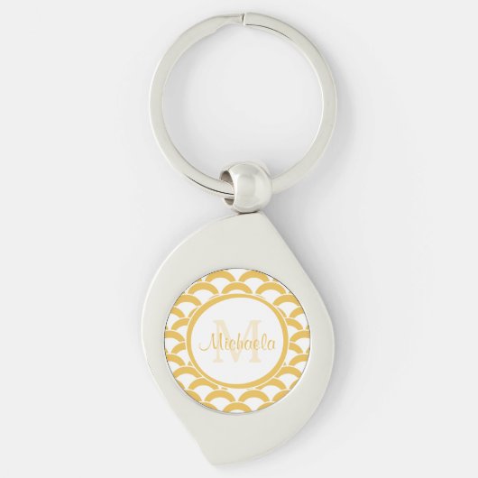 Moderne Gele en Witte Scallops Monogram en Naam Sleutelhanger (Voorkant)
