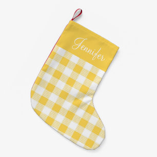 Moderne Gele Gingham Plaid Patroon Naam Kleine Kerstsok