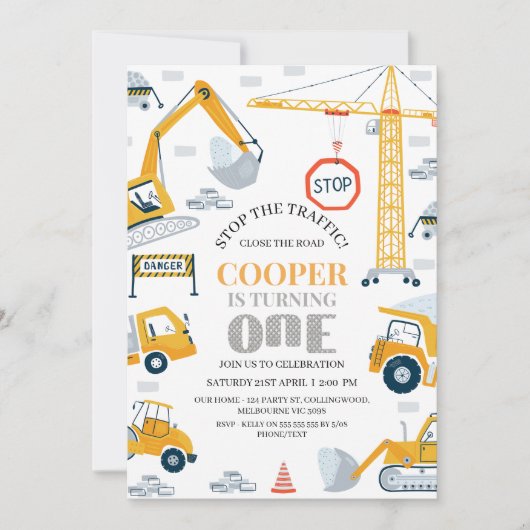 Moderne gele grijze bouw 1e verjaardag kaart (Voorkant)