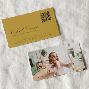Moderne Gele Grijze Script Foto QR Code Aangepast Visitekaartje