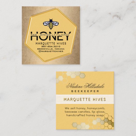 Moderne Gele Hexagon Gouden Grens Bijen Honing App Vierkante Visitekaartje (Voorkant / Achterkant)