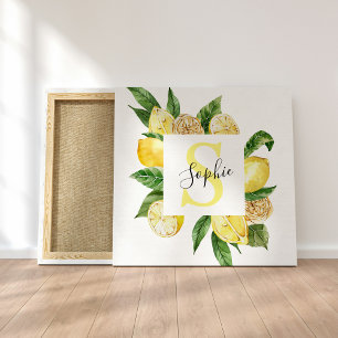 Moderne gele leemons Lijst en bladeren met naam Canvas Afdruk