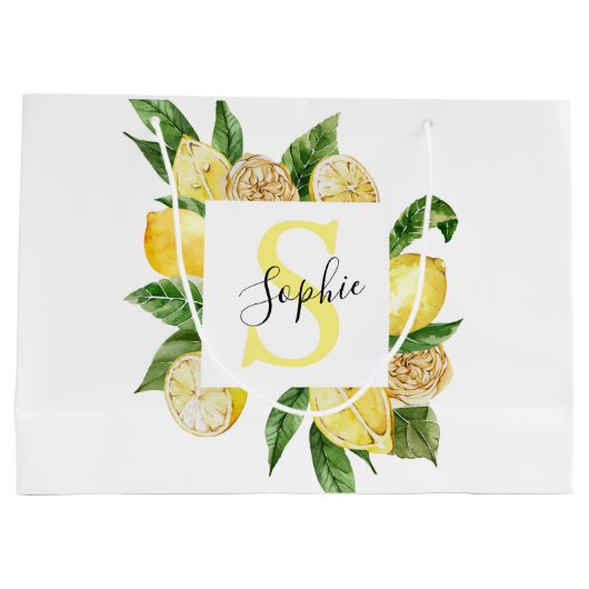 Moderne gele leemons Lijst en bladeren met naam Groot Cadeauzakje (Achterkant)