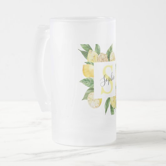 Moderne gele leemons Lijst en bladeren met naam Matglas Bierpul (Voorkant links)