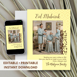 Moderne Gele Patroon Arabische Familie Foto Eid Feestdagenkaart