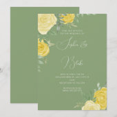 Moderne Gele Rozen Elegant Groene Bruiloft Kaart (Voorkant / Achterkant)