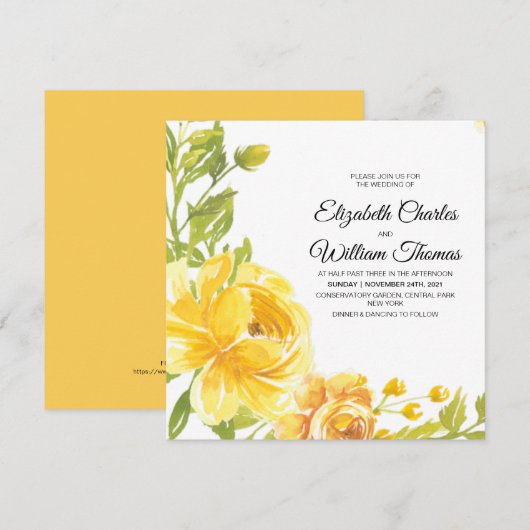 Moderne Gele Waterverf Bloemen Wedden Kaart (Voorkant / Achterkant)