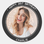 Moderne Gelukkige 21e Verjaardag Foto Zwart Ronde Sticker (Voorkant)