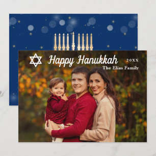 Moderne Gelukkige Hanukkah Blauwe en Gouden Foto Feestdagenkaart
