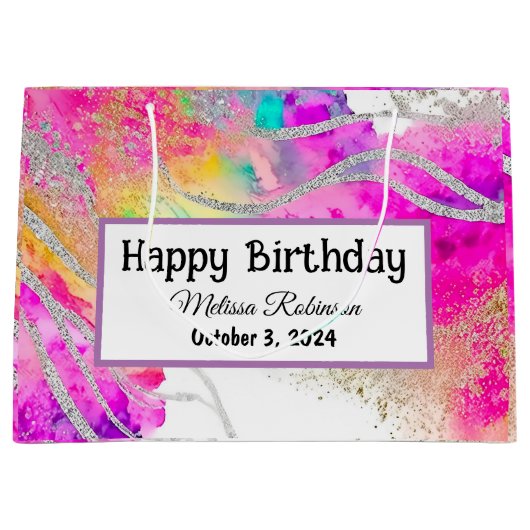 Moderne gemarmerde glitter kleurrijke verjaardag groot cadeauzakje (Voorkant)