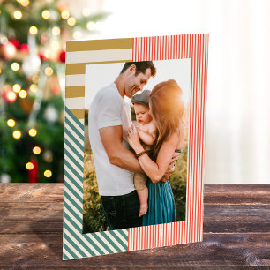 Moderne Gemengde Strepen Een Foto Kerst Feestdagen Kaart