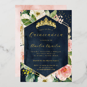 Moderne Geo Navy Blush Bloemen Quinceanera Folie Uitnodiging