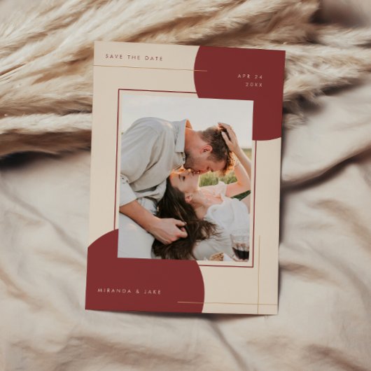 Moderne geometrische beige inline foto bruiloft save the date