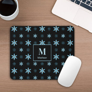 Moderne geometrische blauwe bloemige monogram muis muismat