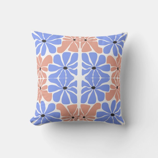 Moderne geometrische bloem - blauw & perzik patroo kussen (Voorkant)