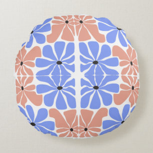 Moderne geometrische bloem - blauw & perzik patroo rond kussen