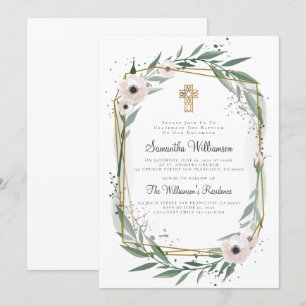 Moderne geometrische Floral Cross Baptisme Uitnodi Kaart