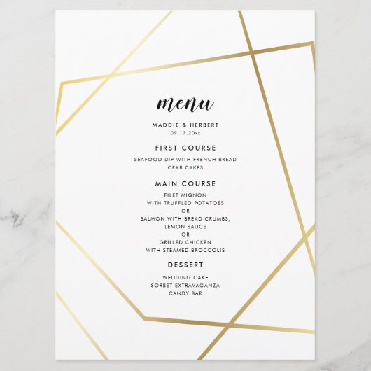 Moderne geometrische gouden lijsten bruiloft menu (Voorkant)
